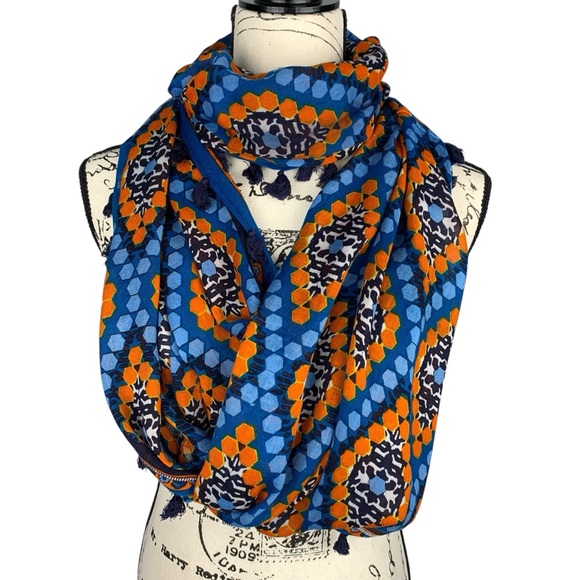 Bohemian Blue & Orange Geometric Hexagon Diamond Print Infinity Scarf Tassels - Picture 4 of 12